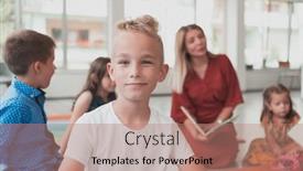  Presentation with preschool - Slide deck consisting of portrait-photo-of-a-smiling background and a coral colored foreground