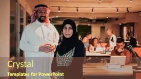  Presentation with woman leader - Presentation with portrait-photo-of-arab-leader background and a tawny brown colored foreground