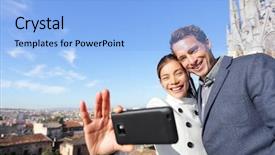  Presentation with photograph - PPT layouts featuring portrait photograph with smart phone background and a light blue colored foreground