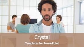  Presentation with meeting minute - Presentation design consisting of portrait serious businessman colleagues meeting background office background and a coral colored foreground