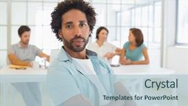  Presentation with special meeting notice - Colorful presentation enhanced with portrait serious businessman colleagues meeting background office backdrop and a light blue colored foreground