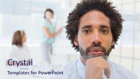  Presentation with kick off meeting - Colorful PPT theme enhanced with portrait serious businessman colleagues meeting background office backdrop and a sky blue colored foreground