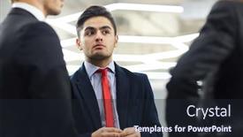  Presentation with discussion - Beautiful presentation design featuring portrait shot of handsome young white collar worker listening to his male colleague with interest while having project discussion at office lobby low angle view backdrop and a wine colored foreground