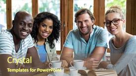  Presentation with friends - PPT theme with portrait smiling friends with coffee background and a tawny brown colored foreground