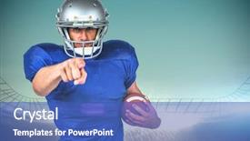  Presentation with football blue - Cool new slide deck with portrait sports player pointing against large football stadium under blue sky backdrop and a ocean colored foreground