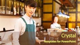  Presentation with waitress - Colorful PPT layouts enhanced with portrait waitress and waiter in cafe backdrop and a tawny brown colored foreground