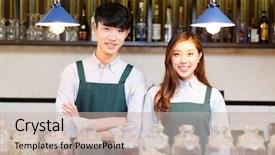  Presentation with waitress - Slide deck with portrait waitress and waiter in cafe background and a mint green colored foreground