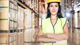  Presentation with confidence - Colorful slide deck enhanced with portrait-white-caucasian-warehouse-female backdrop and a coral colored foreground