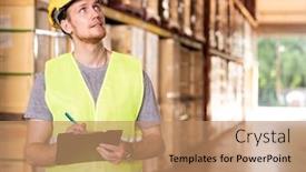  Presentation with warehouse - PPT theme having portrait-white-caucasian-warehouse-worker background and a coral colored foreground