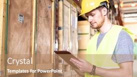  Presentation with warehouse - PPT theme enhanced with portrait-white-caucasian-warehouse-worker background and a coral colored foreground