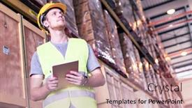  Presentation with inventory - Amazing PPT layouts having portrait-white-caucasian-warehouse-worker backdrop and a coral colored foreground