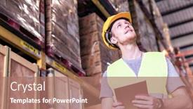  Presentation with warehouse - Slide deck with portrait-white-caucasian-warehouse-worker background and a coral colored foreground