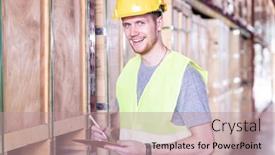  Presentation with warehouse - Slide set consisting of portrait-white-caucasian-warehouse-worker background and a coral colored foreground