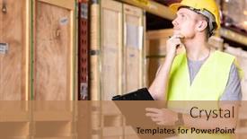  Presentation with inventory - Beautiful PPT theme featuring portrait-white-caucasian-warehouse-worker backdrop and a coral colored foreground