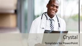  Presentation with portrait of medical professionals - Theme enhanced with portrait young african medical doctor background and a light gray colored foreground