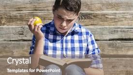  Presentation with book stairs - PPT layouts enhanced with portrait young boy reading a book in wooden stairs summer background and a coral colored foreground