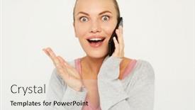  Presentation with listening woman - Presentation with portrait-young-happy-smiling-surprised background and a white colored foreground