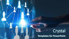  Presentation with hand touching finger digital - Theme enhanced with portraits and a world map background and a  colored foreground