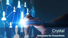  Presentation with hand touching finger digital - Slide set having portraits and a world map background and a  colored foreground