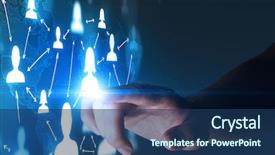  Presentation with hand touching finger digital - Slide deck having portraits and a world map background and a  colored foreground