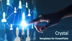  Presentation with hand touching finger digital - PPT theme consisting of portraits and a world map background and a  colored foreground