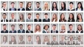  Presentation with employees - Beautiful PPT theme featuring portraits-of-a-group backdrop and a light gray colored foreground