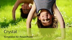  Presentation with hands down - Slide set featuring portraits of happy kids playing upside down outdoors in summer park walking on hands background and a yellow colored foreground