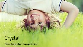  Presentation with hands down - Theme enhanced with portraits of happy kids playing upside down outdoors in summer park walking on hands background and a yellow colored foreground