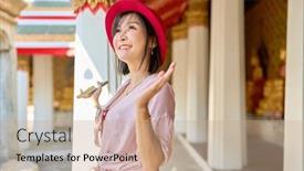  Presentation with thai temple - Presentation design having portraity-of-pretty-smiling-thai background and a coral colored foreground