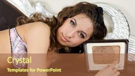  Presentation with retro radio - Cool new PPT theme with portrate - pretty girl listening music backdrop and a tawny brown colored foreground