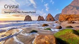  Presentation with green waves - Beautiful theme featuring rocks and sunset sun wave backdrop and a light blue colored foreground