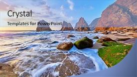  Presentation with green waves - Amazing slide set having rocks and sunset sun wave backdrop and a light blue colored foreground