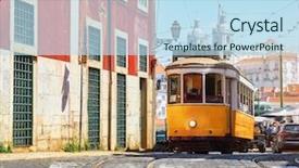  Presentation with tram - PPT theme having portugal vintage yellow retro tram background and a sky blue colored foreground
