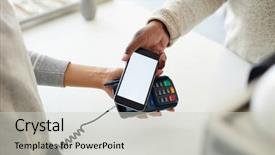  Presentation with machine shop - Audience pleasing slides consisting of pos - shop assistant holding payment machine backdrop and a light gray colored foreground