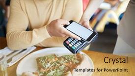  Presentation with pizza technology - Audience pleasing PPT theme consisting of pos technology - appetizing pizza on plate backdrop and a yellow colored foreground