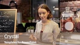  Presentation with coffee shop - PPT theme enhanced with pos technology - small business people and service background and a coral colored foreground