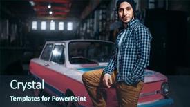  Presentation with ussr - Colorful presentation design enhanced with pose against ussr retro car backdrop and a tawny brown colored foreground