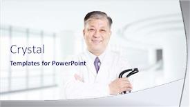  Presentation with asian doctor - Presentation theme enhanced with pose and gesture of old asian man doctor in white uniform background and a sky blue colored foreground