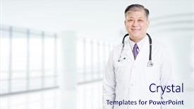  Presentation with doctor asian - Presentation theme featuring pose and gesture of old asian man doctor in white uniform background and a sky blue colored foreground