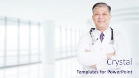  Presentation with asian doctor - PPT theme featuring pose and gesture of old asian man doctor in white uniform background and a sky blue colored foreground