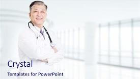  Presentation with doctor asian - Slide set featuring pose and gesture of old asian man doctor in white uniform background and a sky blue colored foreground