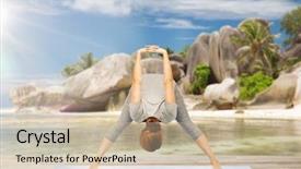  Presentation with woman sport - PPT layouts with pose on mat over exotic background and a mint green colored foreground