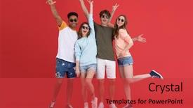 Presentation with friends - Slides with posing - picture of young happy group background and a red colored foreground