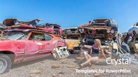  Presentation with auto - Beautiful PPT theme featuring posing in a auto salvage backdrop and a gray colored foreground