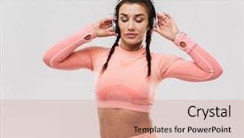  Presentation with music headphones - Slide set having posing isolated over white wall background and a coral colored foreground