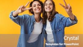  Presentation with multicultural women - Presentation theme having posing isolated over yellow background background and a ocean colored foreground