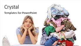  Presentation with sad woman - PPT theme enhanced with posing next to a pile background and a white colored foreground