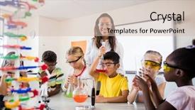  Presentation with kids doing science - Colorful PPT layouts enhanced with posing with pupils doing science backdrop and a soft green colored foreground