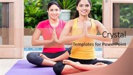  Presentation with positioning - PPT theme featuring positioning - two young women sitting background and a coral colored foreground