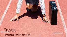  Presentation with ready - Presentation theme enhanced with positioning strategy - businesswoman with briefcase in ready background and a coral colored foreground